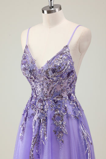 Sparkly Purple Corset Spaghetti Straps Prom Dress with Appliques