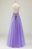 Load image into Gallery viewer, Sparkly Purple Corset Spaghetti Straps Prom Dress with Appliques