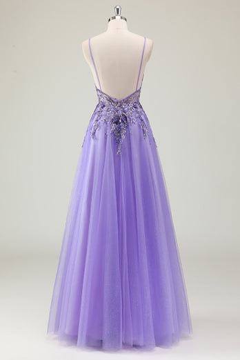 Sparkly Purple Corset Spaghetti Straps Prom Dress with Appliques