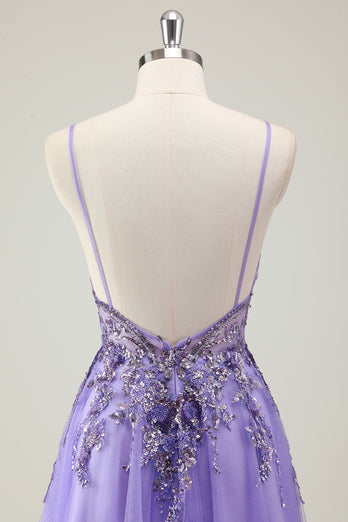 Sparkly Purple Corset Spaghetti Straps Prom Dress with Appliques