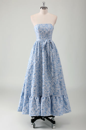 Blue Floral Strapless A-Line Embroidered Prom Dress