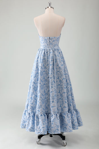 Blue Floral Strapless A-Line Embroidered Prom Dress