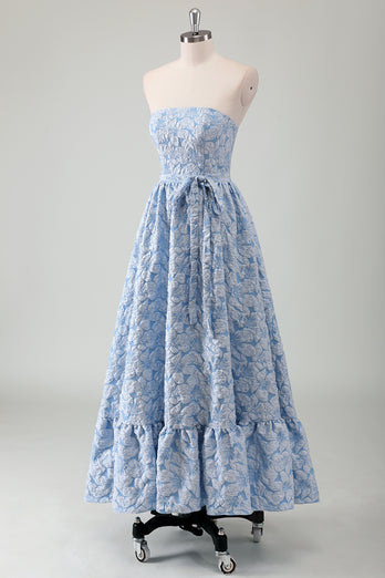 Blue Floral Strapless A-Line Embroidered Prom Dress