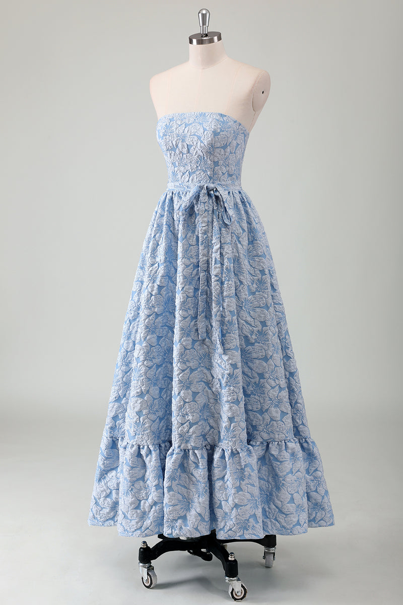 Load image into Gallery viewer, Blue Floral Strapless A-Line Embroidered Prom Dress