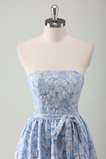 Blue Floral Strapless A-Line Embroidered Prom Dress