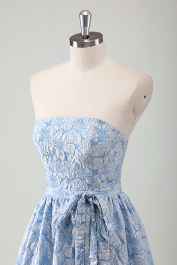 Blue Floral Strapless A-Line Embroidered Prom Dress