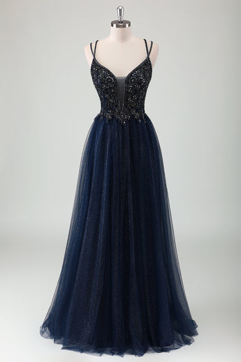 Sparkly Navy A-Line Spaghetti Straps Prom Dress with Appliques