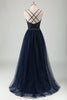 Load image into Gallery viewer, Sparkly Navy A-Line Spaghetti Straps Prom Dress with Appliques