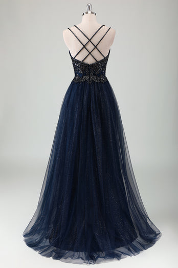 Sparkly Navy A-Line Spaghetti Straps Prom Dress with Appliques