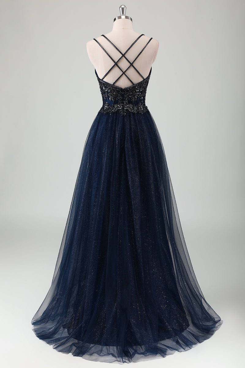 Load image into Gallery viewer, Sparkly Navy A-Line Spaghetti Straps Prom Dress with Appliques