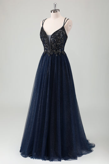 Sparkly Navy A-Line Spaghetti Straps Prom Dress with Appliques