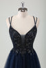 Load image into Gallery viewer, Sparkly Navy A-Line Spaghetti Straps Prom Dress with Appliques