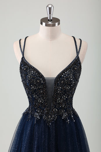 Sparkly Navy A-Line Spaghetti Straps Prom Dress with Appliques