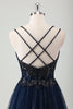 Load image into Gallery viewer, Sparkly Navy A-Line Spaghetti Straps Prom Dress with Appliques