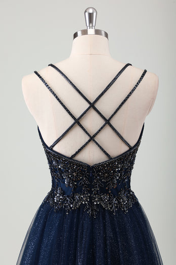 Sparkly Navy A-Line Spaghetti Straps Prom Dress with Appliques