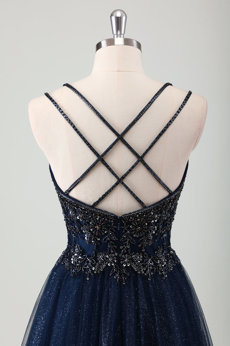 Load image into Gallery viewer, Sparkly Navy A-Line Spaghetti Straps Prom Dress with Appliques