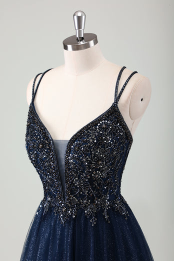 Sparkly Navy A-Line Spaghetti Straps Prom Dress with Appliques