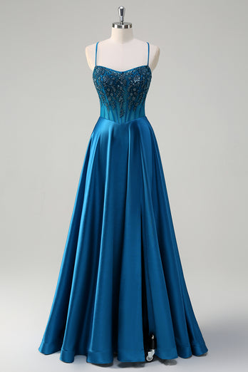 Sparkly Blue Corset Spaghetti Straps Prom Dress with Appliques