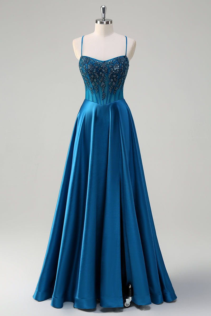 Load image into Gallery viewer, Sparkly Blue Corset Spaghetti Straps Prom Dress with Appliques