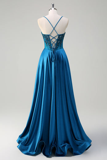 Sparkly Blue Corset Spaghetti Straps Prom Dress with Appliques