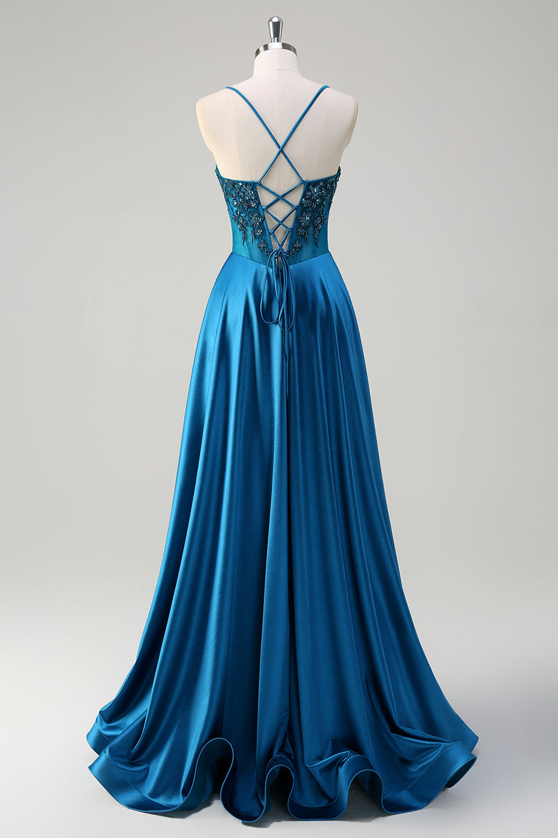 Load image into Gallery viewer, Sparkly Blue Corset Spaghetti Straps Prom Dress with Appliques