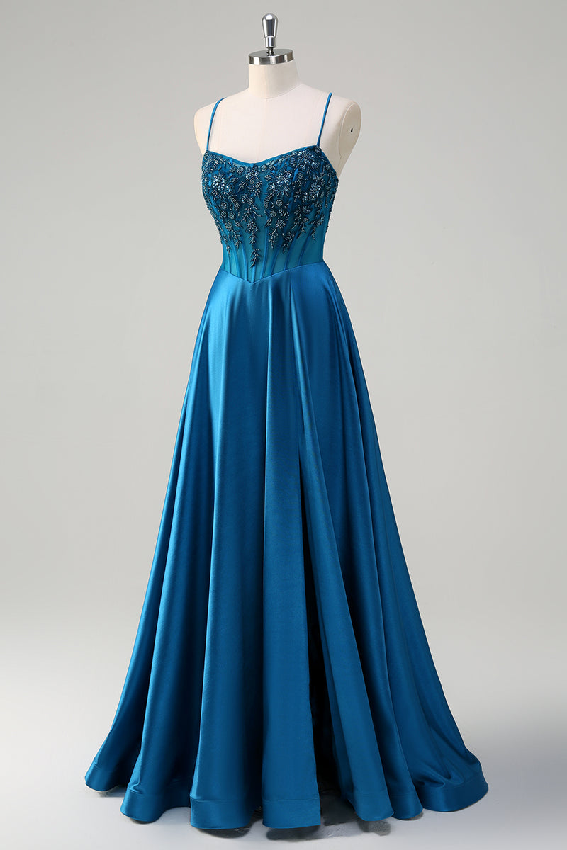 Load image into Gallery viewer, Sparkly Blue Corset Spaghetti Straps Prom Dress with Appliques