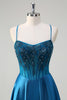 Load image into Gallery viewer, Sparkly Blue Corset Spaghetti Straps Prom Dress with Appliques