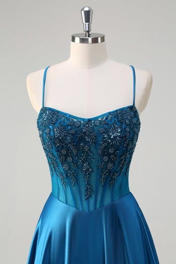 Sparkly Blue Corset Spaghetti Straps Prom Dress with Appliques