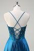 Load image into Gallery viewer, Sparkly Blue Corset Spaghetti Straps Prom Dress with Appliques