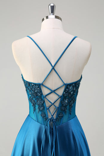 Sparkly Blue Corset Spaghetti Straps Prom Dress with Appliques