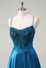 Load image into Gallery viewer, Sparkly Blue Corset Spaghetti Straps Prom Dress with Appliques