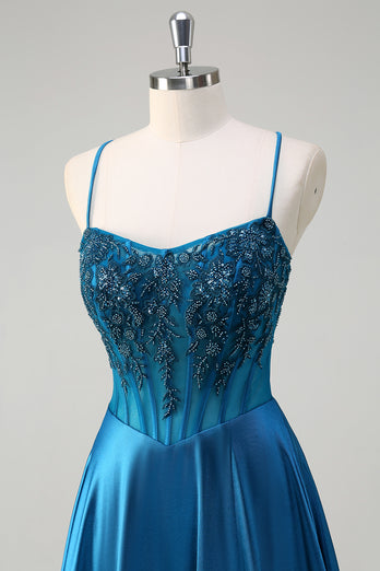 Sparkly Blue Corset Spaghetti Straps Prom Dress with Appliques