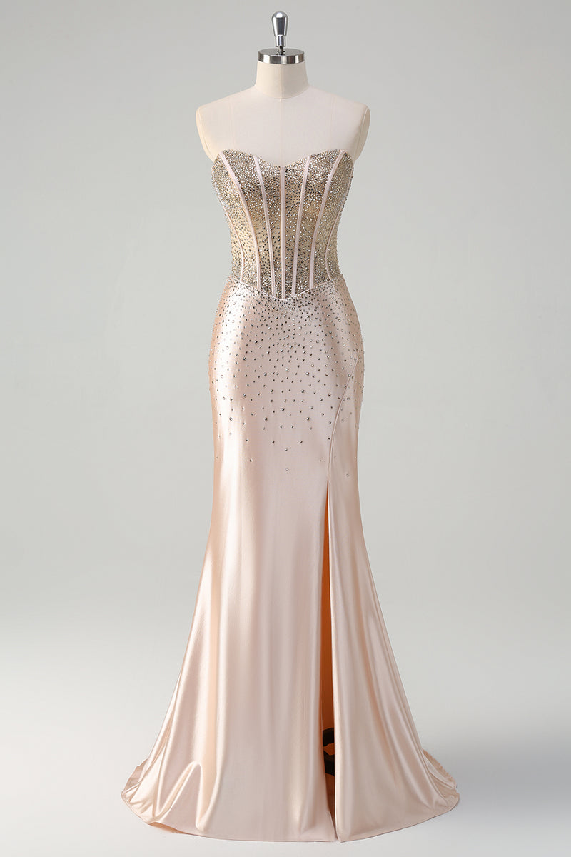 Load image into Gallery viewer, Sparkly Champagne Corset Strapless Prom Dress with Beading