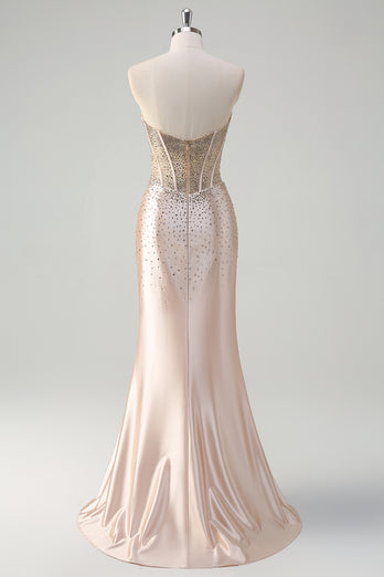 Sparkly Champagne Corset Strapless Prom Dress with Beading