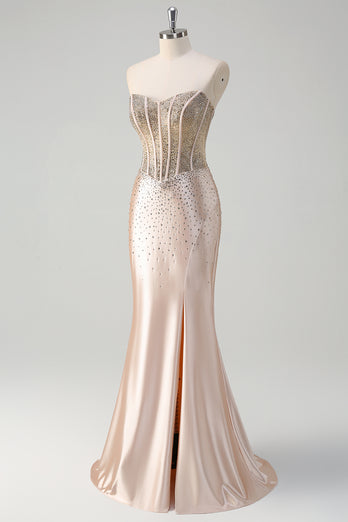 Sparkly Champagne Corset Strapless Prom Dress with Beading