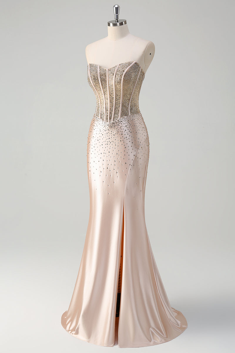 Load image into Gallery viewer, Sparkly Champagne Corset Strapless Prom Dress with Beading