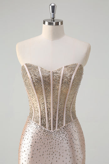 Sparkly Champagne Corset Strapless Prom Dress with Beading