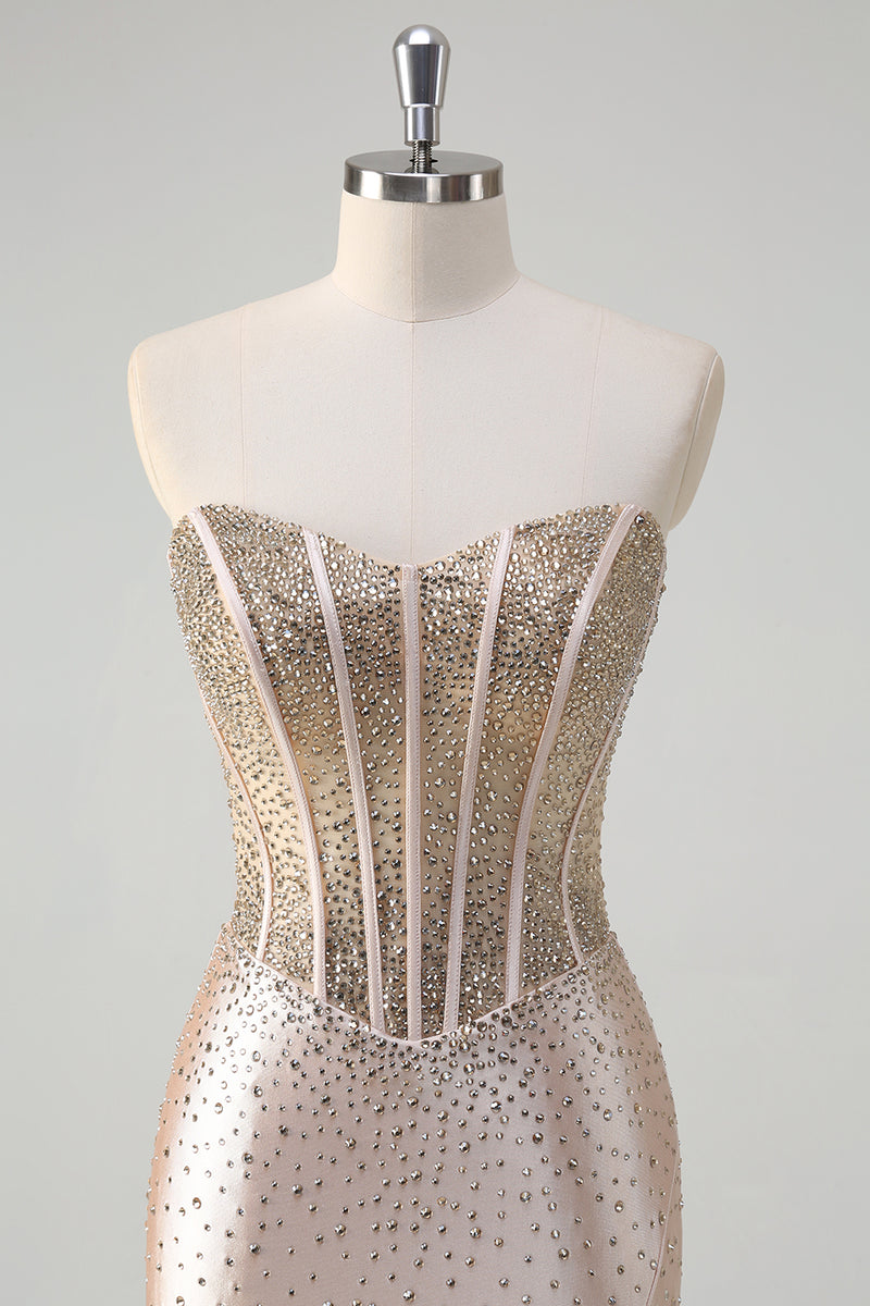 Load image into Gallery viewer, Sparkly Champagne Corset Strapless Prom Dress with Beading