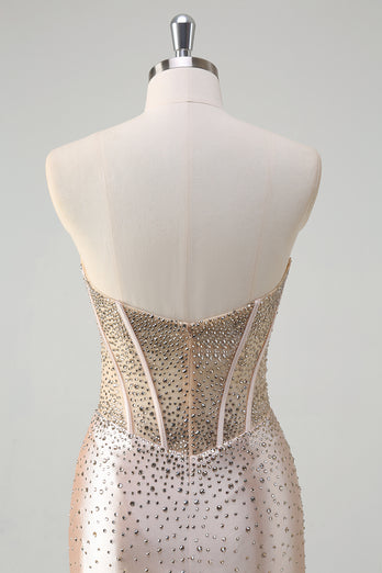 Sparkly Champagne Corset Strapless Prom Dress with Beading