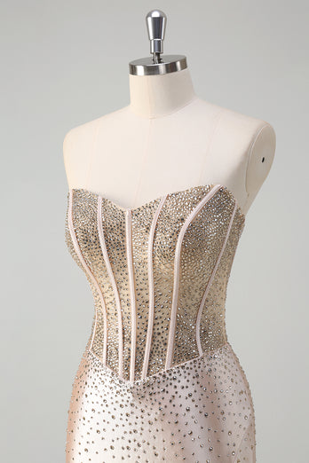 Sparkly Champagne Corset Strapless Prom Dress with Beading