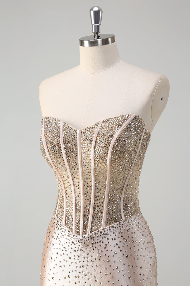 Load image into Gallery viewer, Sparkly Champagne Corset Strapless Prom Dress with Beading