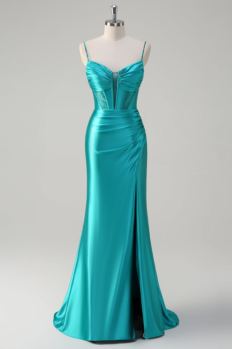 Load image into Gallery viewer, Sparkly Peacock Corset Spaghetti Straps Prom Dress with Beading