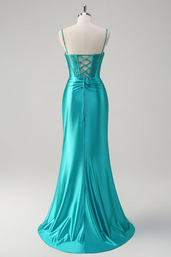 Sparkly Peacock Corset Spaghetti Straps Prom Dress with Beading