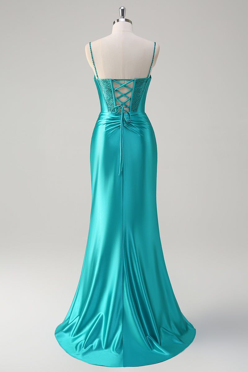 Load image into Gallery viewer, Sparkly Peacock Corset Spaghetti Straps Prom Dress with Beading