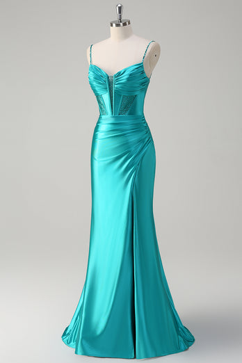 Sparkly Peacock Corset Spaghetti Straps Prom Dress with Beading