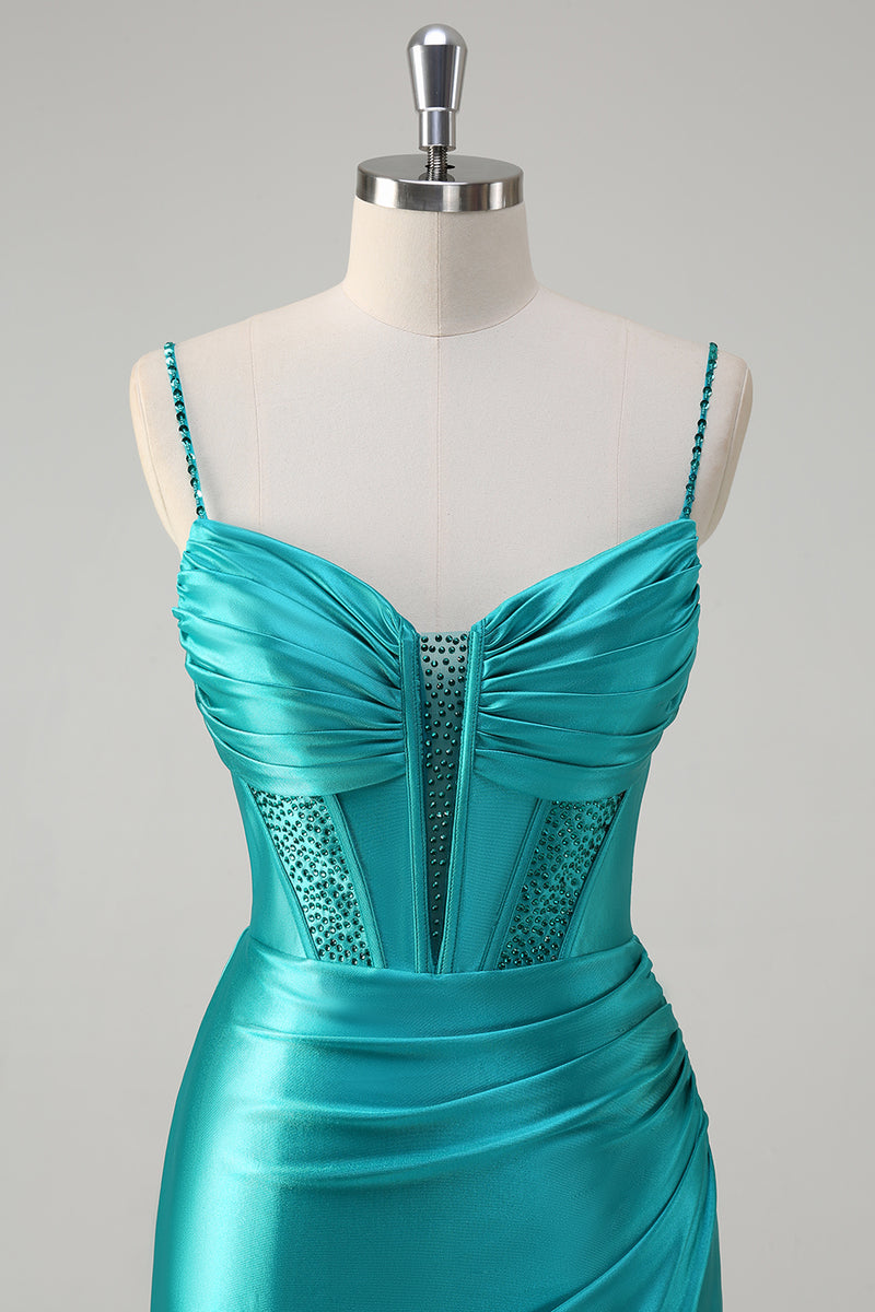 Load image into Gallery viewer, Sparkly Peacock Corset Spaghetti Straps Prom Dress with Beading