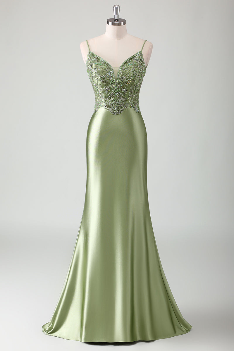 Load image into Gallery viewer, Glitter Sage Mermaid Spaghetti Straps Prom Dress with Appliques