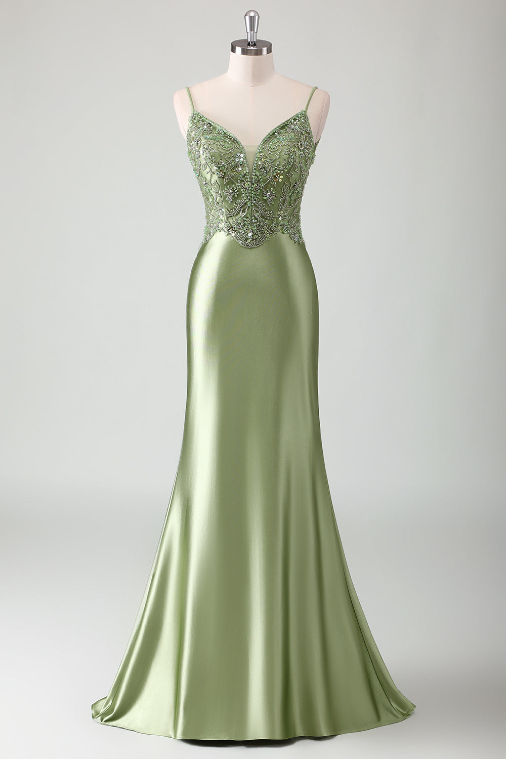 Glitter Sage Mermaid Spaghetti Straps Prom Dress with Appliques