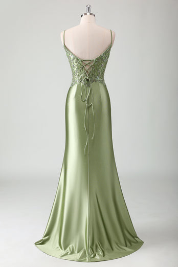 Glitter Sage Mermaid Spaghetti Straps Prom Dress with Appliques