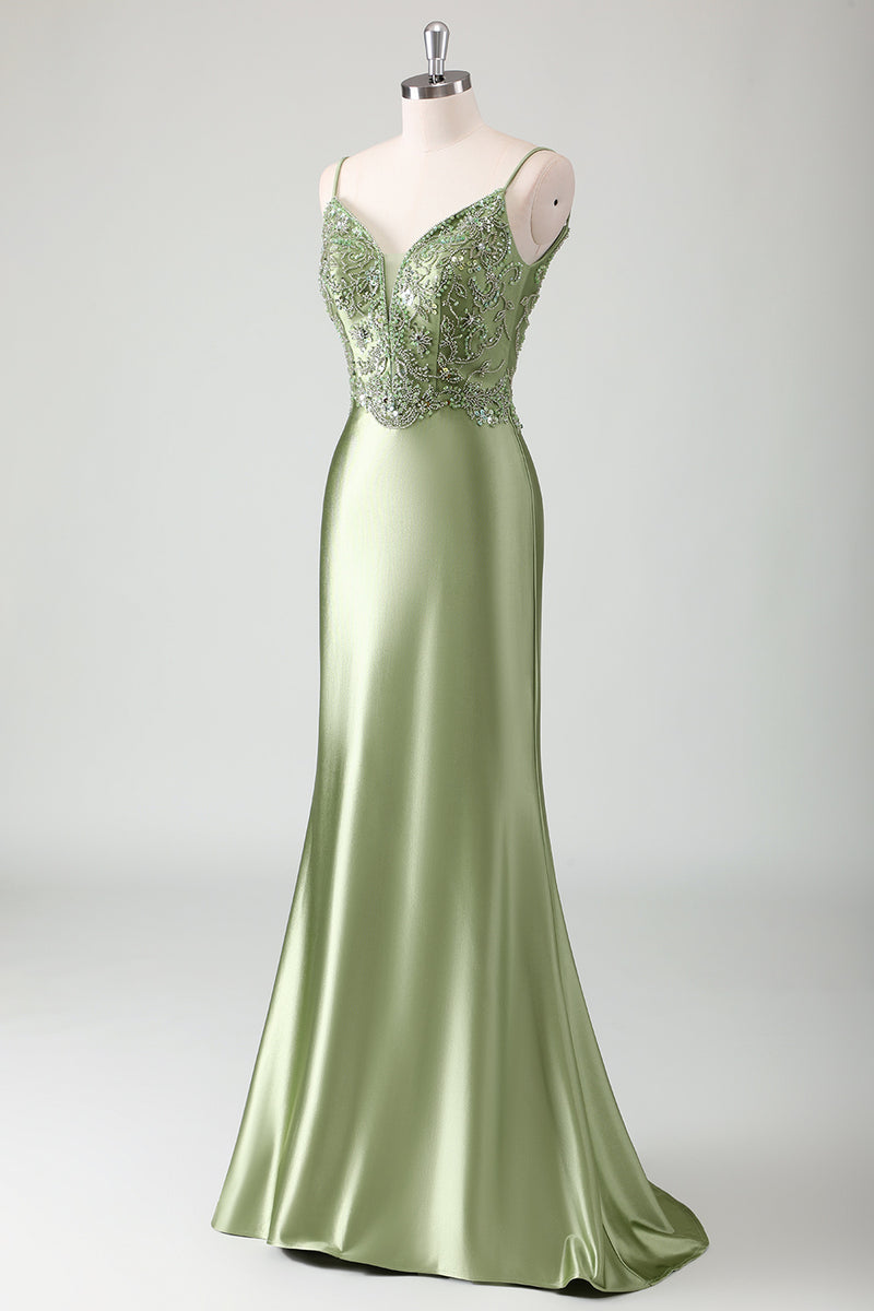 Load image into Gallery viewer, Glitter Sage Mermaid Spaghetti Straps Prom Dress with Appliques